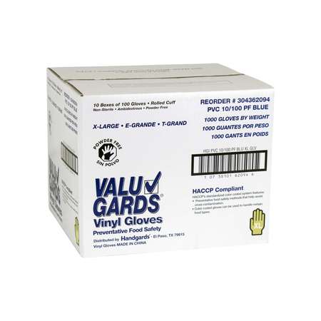 VALUGARDS Valugards Blue V, Vinyl Disposable Gloves, Vinyl, Powder-Free, XL, 1000 PK, Blue 304362094